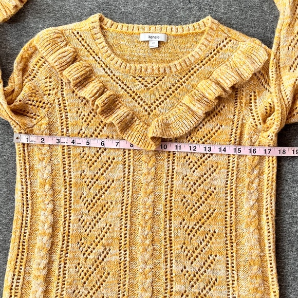 Kensie Heathered Open Knit Ruffle Sweater Sz M Retro Mustard Shabby Chic Cottage - Picture 11 of 12